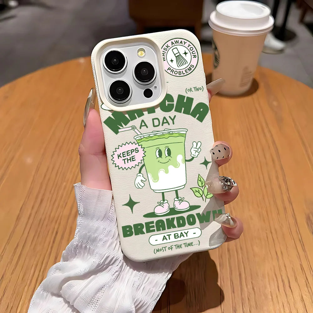 Matcha Milk Tea Lichee Leather Pattern Phone Case For iPhone