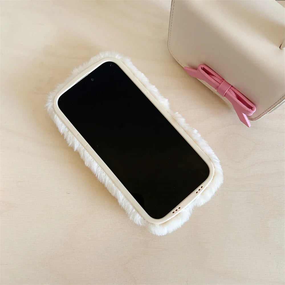 Cute Hello Kitty Fur Fluffy Camera Holder Stand Phone Case